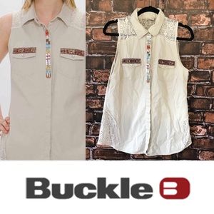 Buckle Bead Embellished Khaki Sleeveless Top